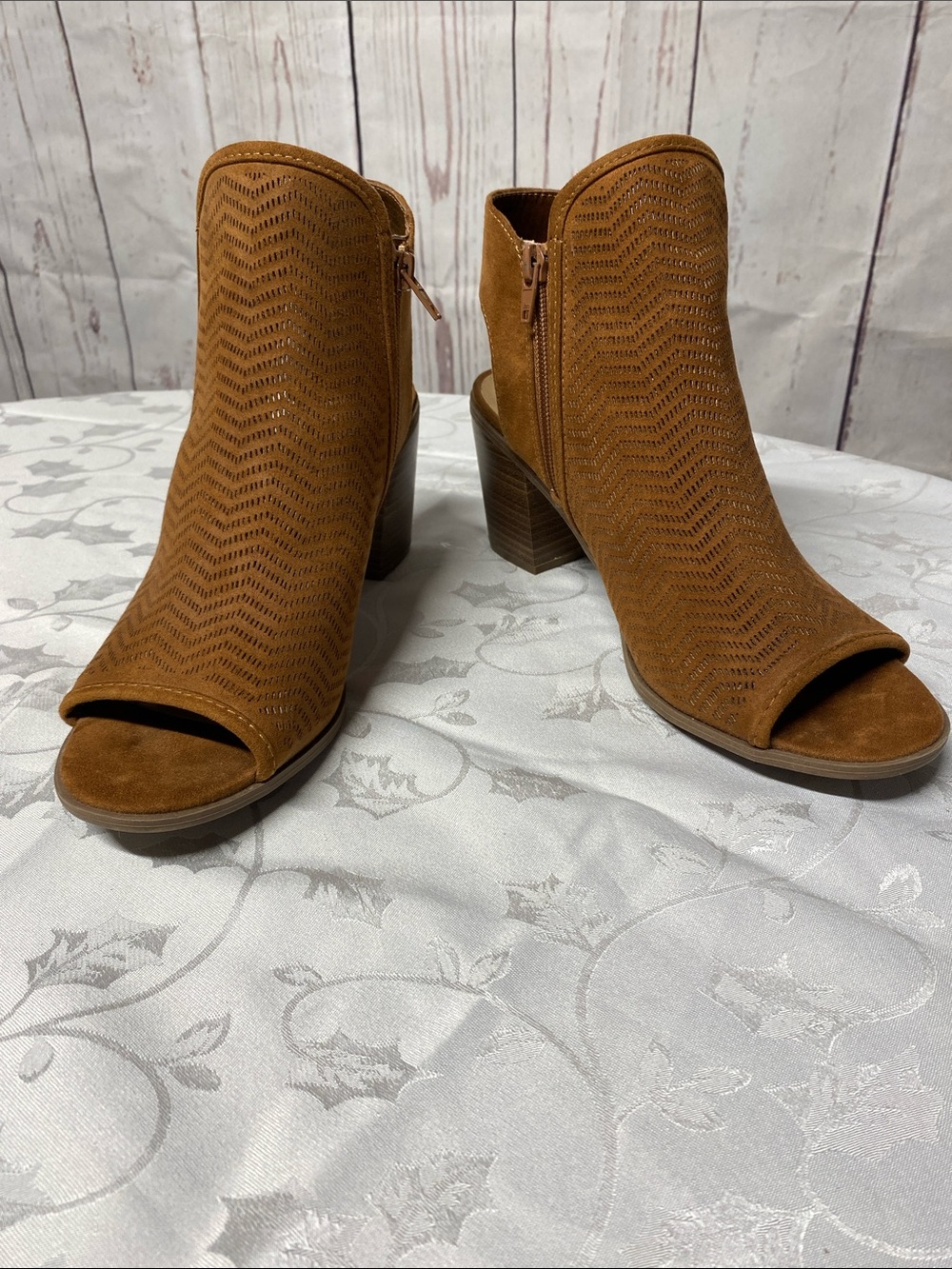 Time and Tru Open-Toe Perforated Block Heel Booties in Chestnut